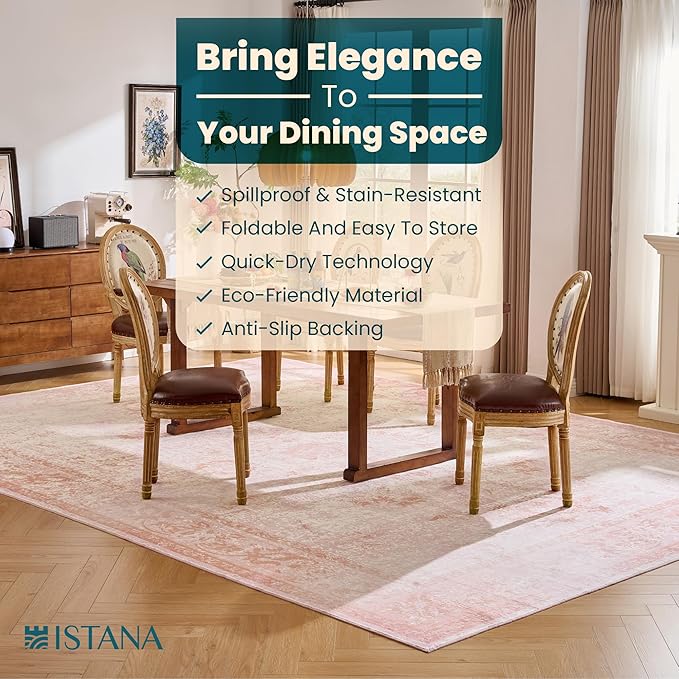 Istana Living Room Rug 10x14 - Pink 10 x 14 Area Rug - Foldable Machine Washable Area Rugs 10x14 - Stylish 10x14 Area Rugs Boho - Stain Resistant Washable Rug 10x14