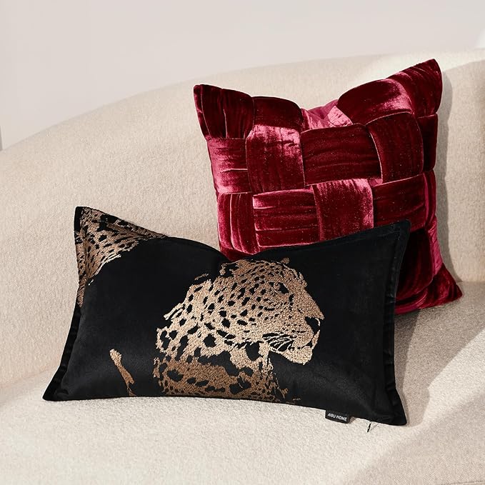 Decorative Lumbar Throw Pillow Cover 12x20'', Velvet Gold Cheetah Embroidered Throw Pillows, Modern Accent Pillow Cover for Bed Couch Sofa Bedroom Living Room