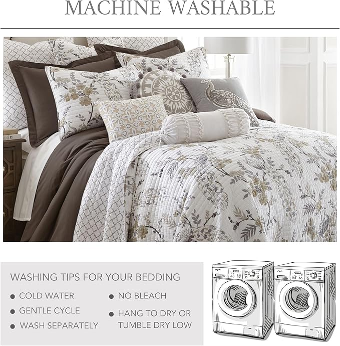 Levtex Home Pisa Reversible Full Bedspread Set (96x106in) with 2 Pillow Shams (26x20in) - Floral Peacock - Grey, Taupe - 100% Cotton Full Size Bedspread Set - Lightweight, Soft, Pre-Washed