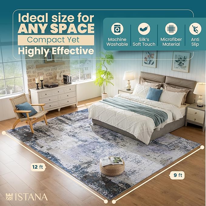 Istana 9x12 Area Rug - Grey Navy 9 x 12 Area Rugs for Living Room - Foldable 9x12 Rugs for Bedroom/Living Room Rug - Stain Resistant Washable Rugs - Eco-Friendly Area Rugs