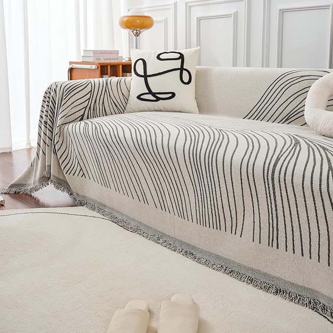 VClife XXL Sofa Cover Chenille Couch Cover for 3 Cushion Couch Sofa, Modern Beige Gray Striped Couch Covers for Kids Washable Sectional Sofa Protector with Tassel 71"X150"