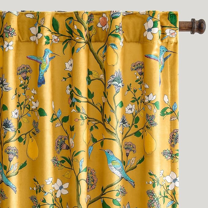 Mustard Yellow Vintage Velvet Curtains 96 inches for Living Room,Victorian Whimsical Botanical Floral Blackout Room Darkening Curtain Drapes,2 Panels Mid Century Anthropologie Bedroom Window Curtains