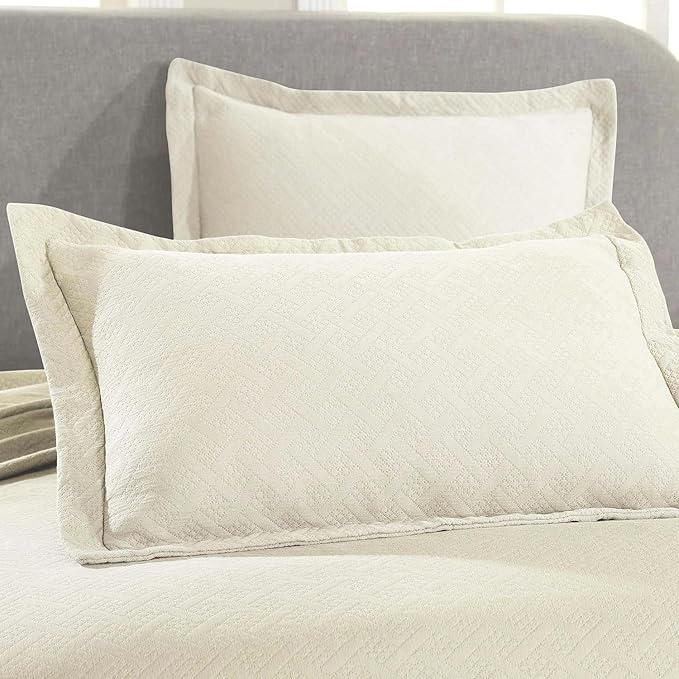Superior 100% Cotton Basket Weave Bedspread with Shams, All-Season Premium Cotton Matelasse Jacquard Bedding, Quilted-Look Geometric Basket, King, Ivory