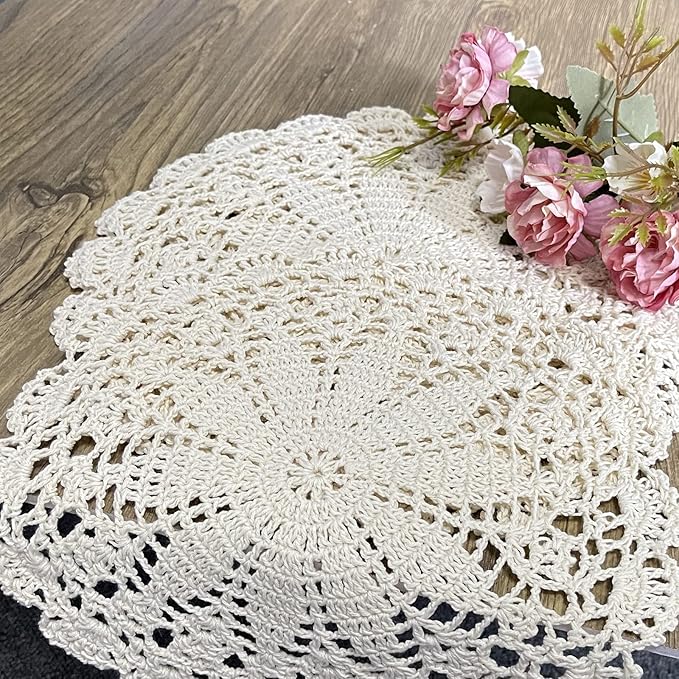 PHANTOMON Crochet Doilies Handmade Round Cotton Lace Table Placemats Knitted Tablecloth, Star Pattern Rippled Edge, Pack of 4 (10 Inch, Beige)