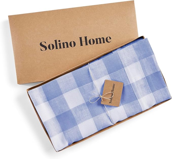 Solino Home Linen Checkered Tablecloth 60 x 90 Inch - 100% Pure Linen Hydrangea Blue Buffalo Plaid Table Cloth for Rectangle Tables - Machine Washable Tablecloth