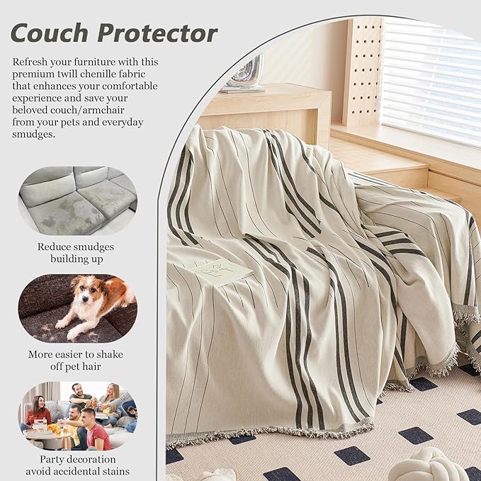 DREAMINGO Armchair Cover Washable Chenille Sofa Protector for Pet Kids Dark Grey Chair Couch Covers for 1 Cushion Couch Stripe Jacquard Versatile Sofa Throw Slipcover for Futon Couch, 71"x91"