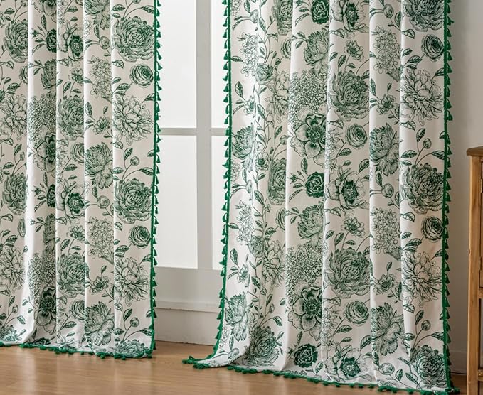 F-CHU Bohemian Curtains for Bedroom 63 Inch Length French Country Floral Drapes Farmhouse Rustic Window Curtain Panels for Bedroom Chic Cotton Linen Blend Toile Curtain，2 Panel