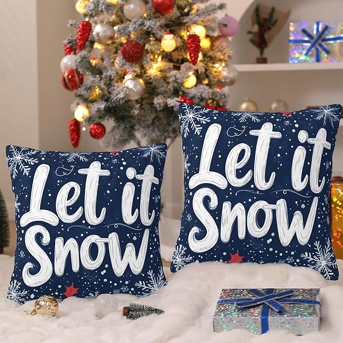 Christmas Pillow Covers 18X18, Let it Snow Decorative Throw Pillow Covers, Winter Christmas Snowflakes Pillow Cover Pillowcase Cushion Case for Home Sofa Couch Indoor Outdoor Set of 2