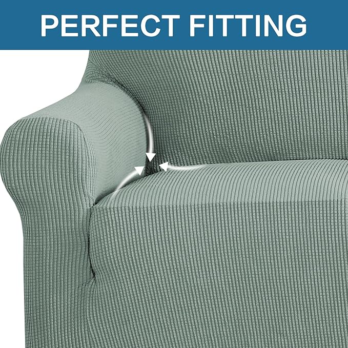 H.VERSAILTEX Stretch Couch Cover Sofa Covers for 2 Cushion Couch Loveseat Slipcover|Sofa Cover for Love seat 1 Piece with Elastic Bottom, Textured Checked Jacquard Fabric (Loveseat 58"-70" Wide, Sage)