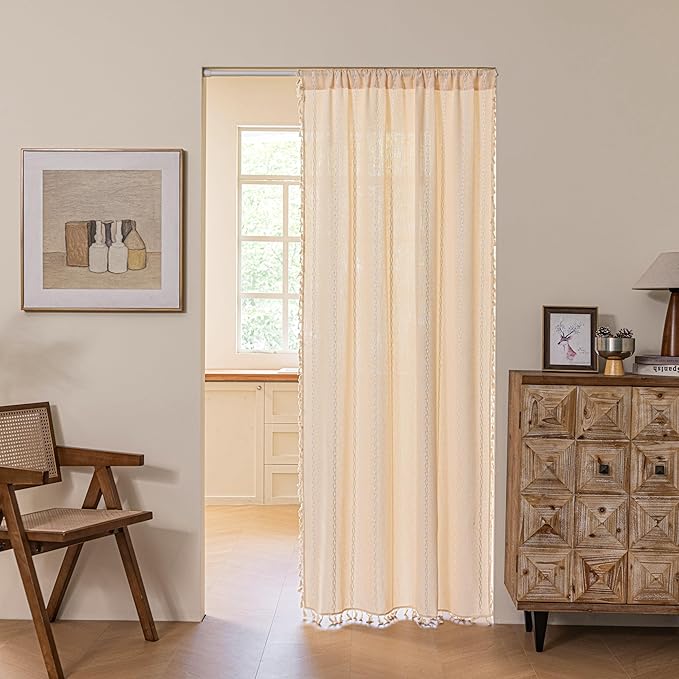Sutuo Home Boho Sliding Door Curtains, Bohemian Semi Blackout Curtains Tassels Privacy Embroidery Stripes Decor Temporary Room Dividers for Door Window Hallway,Rod Pocket 1 Panel 37" W x 80" L,Beige