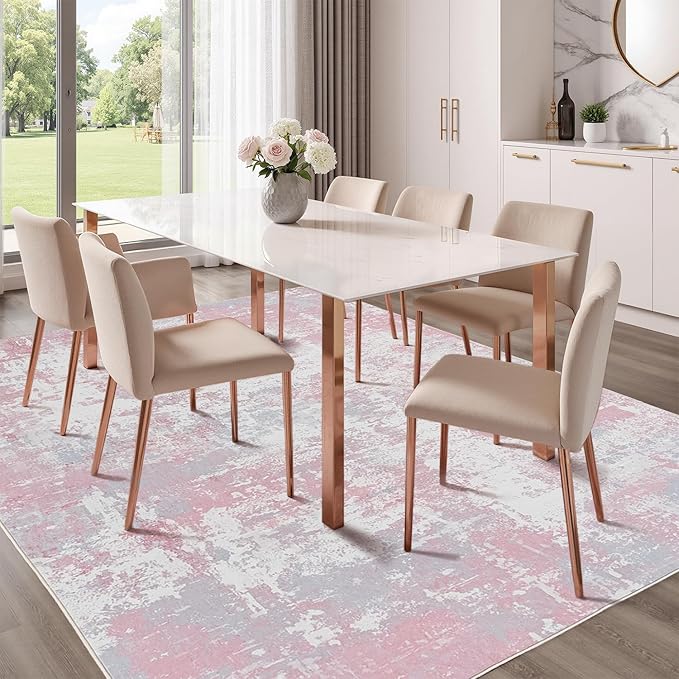 Rugflix 8x10 Area Rugs for Living Room, Washable Large Rug Stain-Resistant Low Pile, Modern Carpet for Dining Room Home Office Kid Room Nursery Bedroom, Pink Grey