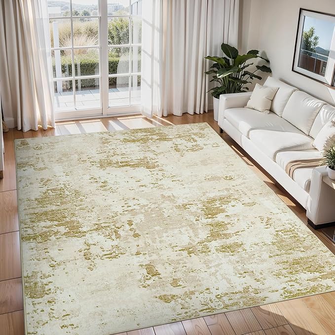 Modern Abstract Area Rug 10x13 Non Slip Non Shedding Rug Low Pile Stain Resistant for Bedroom Living Room,Golden Grey