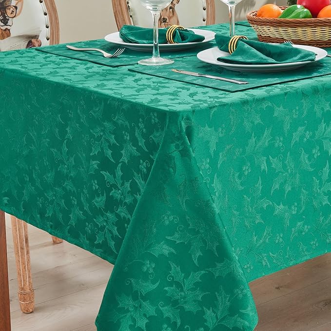Rectangle Christmas Jacquard Table Cloth Waterproof Elegant Damask Floral Pattern Heavy Weight Wipeable Wrinkle Free Fabric Table Covers for Dinner or Daily Uses(Dark Green/60x120Inch)