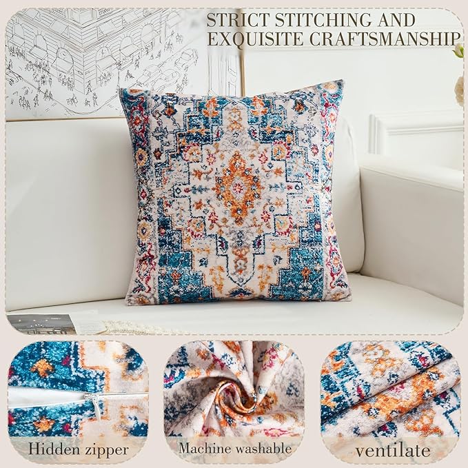 Boho Throw Pillow Covers 24x24 inch Set of 2,Boho Vintage Carpet Pattern Antique Ethnic Decor Double Sided Pattern Cushion Cover Soft Pillow Case Living Sofa Room Bed Square Pillow Cover