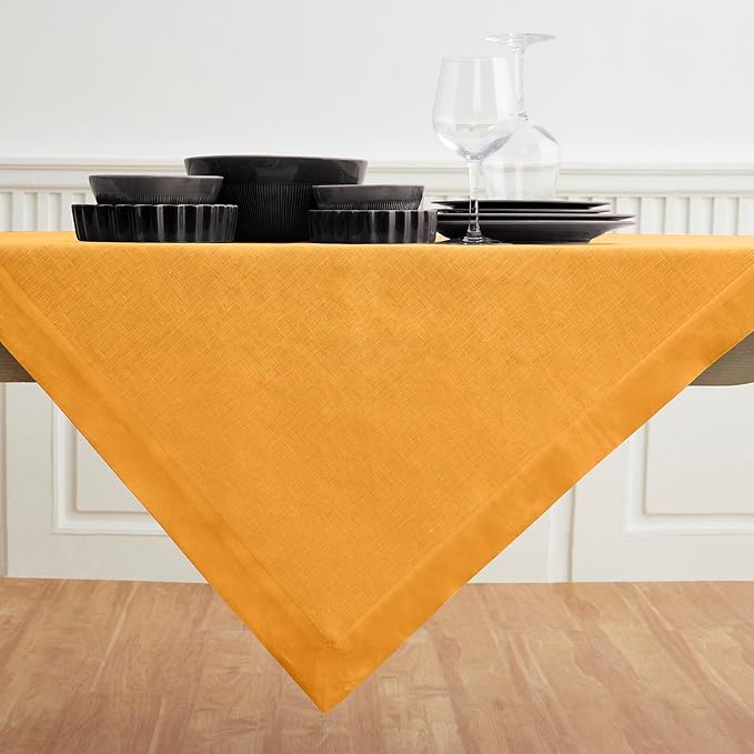 Solino Home Linen Tablecloth 52 x 52 Inch - 100% Pure Linen Tangerine Yellow Square Tablecloth - Fete, Machine Washable Table Throw for Fall, Autumn, Thanksgiving