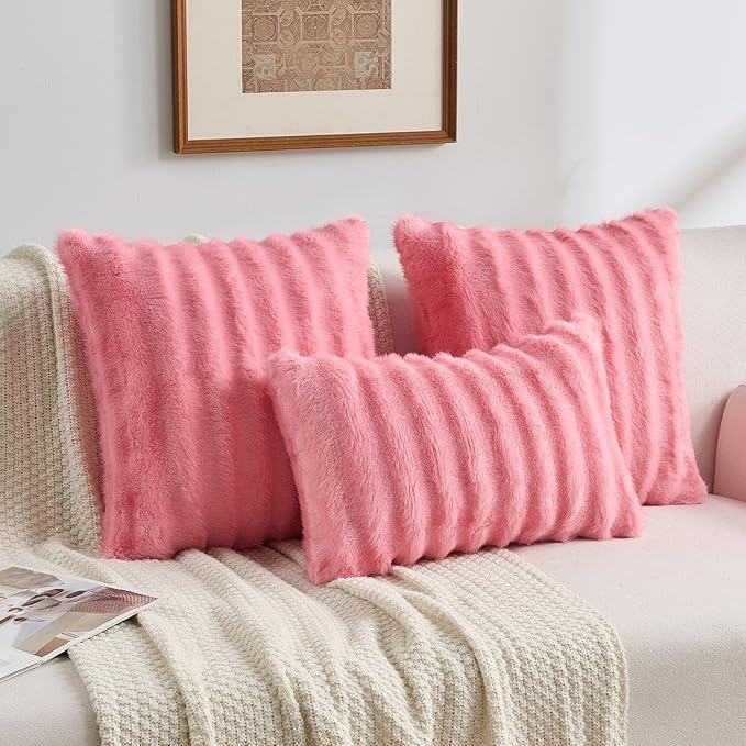FUTEI Hot Pink Decorative Throw Pillow Covers 12x20 Inch Set of 2,Soft Fluffy Faux Rabbit Fur Dyeing Striped Textured Lumbar Pillow Case,Modern Home Decor for Couch Bed Living Room