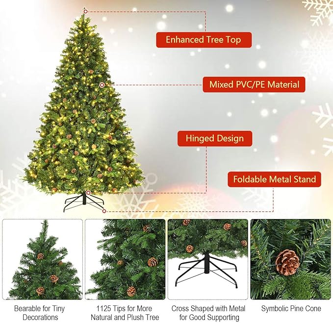 GOFLAME 7.5ft Artificial Pre-lit Christmas Tree with Warm White LED Lights and Pine Cones, Home Holiday Décor, Hinged, 1125 Branches for Indoor Decoration, Easy Setup
