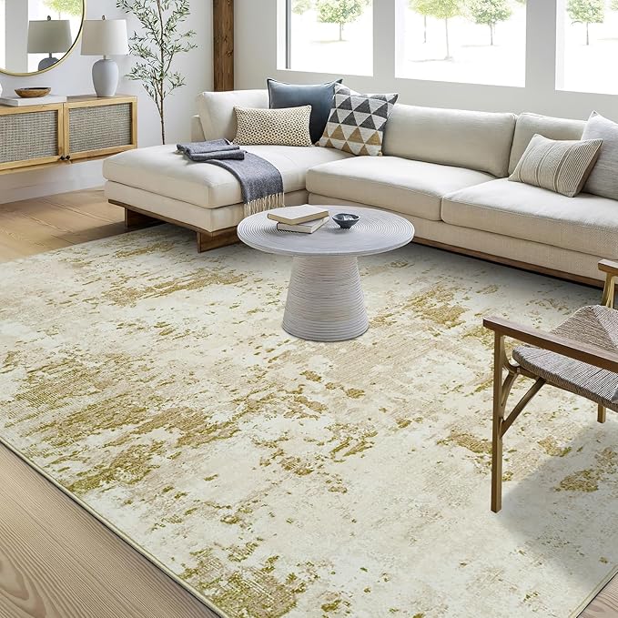 Modern Abstract Area Rug 4x6 Non Slip Non Shedding Rug Low Pile Stain Resistant for Bedroom Living Room,Golden Grey