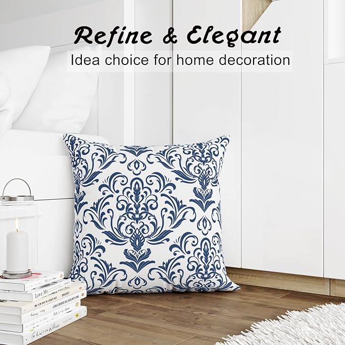 LOVOUS Navy Blue and White Damask Throw Pillow Covers 18x18 Inch Set of 2, Vintage Linen Decorative Pillow Covers for Bed Couch Sofa Bedroom Living Room Home Decor, B13