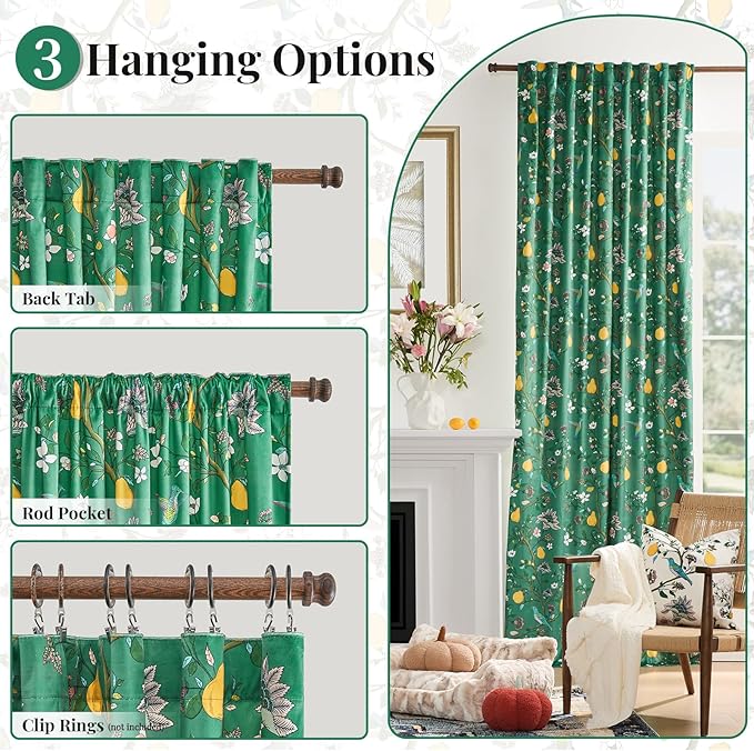 MUSSEL Luxury Velvet Floral Curtains 90 inches for Living Room,Dark Green Vintage Victorian Botanical Blackout Curtain Drapes,2 Panels Mid Century Art Deco Bird Flower Window Curtains for Bedroom
