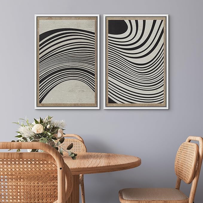 SIGNWIN Framed Canvas Print Wall Art Set Mid-Century Spiral Wave Collage Abstract Shapes Cozy Neutral Minimal Decorative Nordic Zen Bohemian for Living Room, Bedroom, Office - 16"x24"x2 White