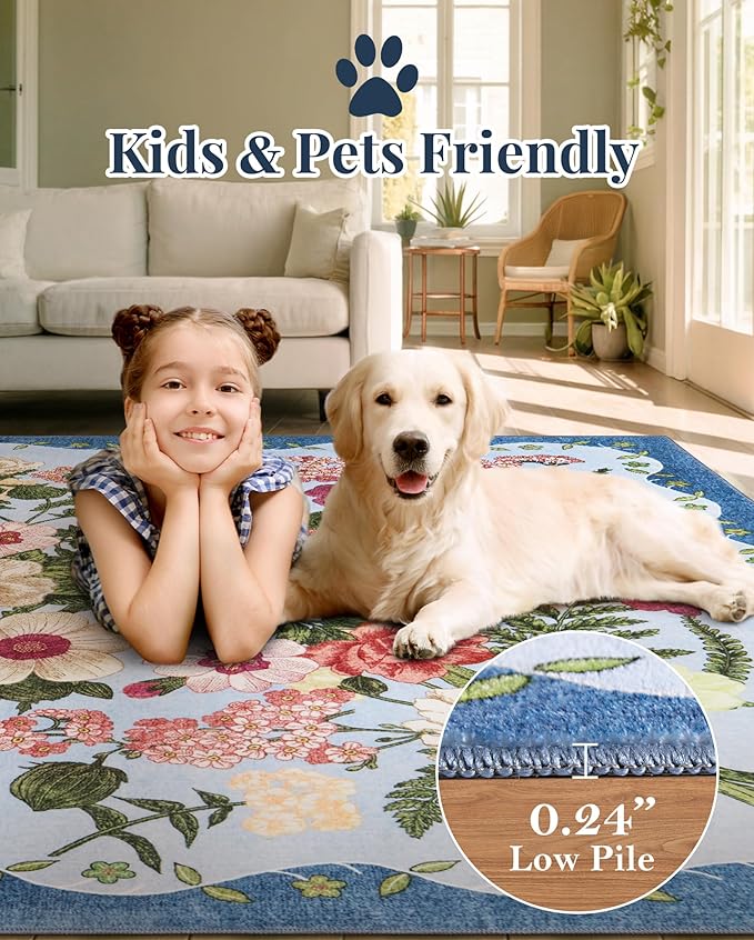 Area Rug for Living Room - 8x10 Washable Floral Rugs Non-Slip Soft Low Pile Bedroom Rug Under Bed Stain Resistant Accent Indoor Floor Carpet for Dining Room Playroom Home Office Decor, Blue