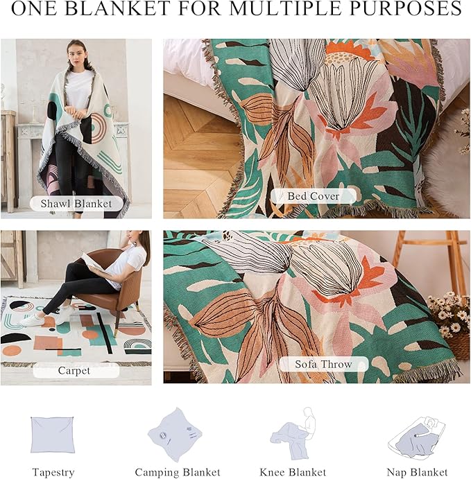 Double-Sided Cotton Woven Throw Blanket with Tassel Jungle Bohemian Style Tapestry Shawl Multi-Function Decorative Throws for Sofa Bed Armchair Camping Blanket Tablecloth Carpet 160x130cm
