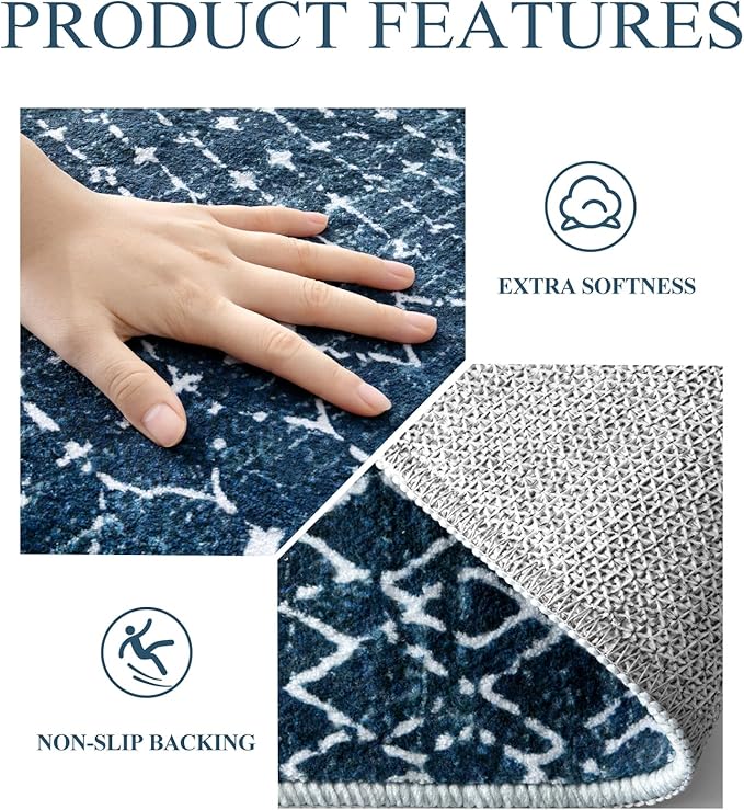Lahome Moroccan Blue Area Rug 5x7 - Machine Washable Non-Slip Throw Living Room Rugs Ultra-Thin Stain Resistant Soft Rug for Bedroom, Geometric Print Modren Carpet Rug for Dining Room Office Entryway