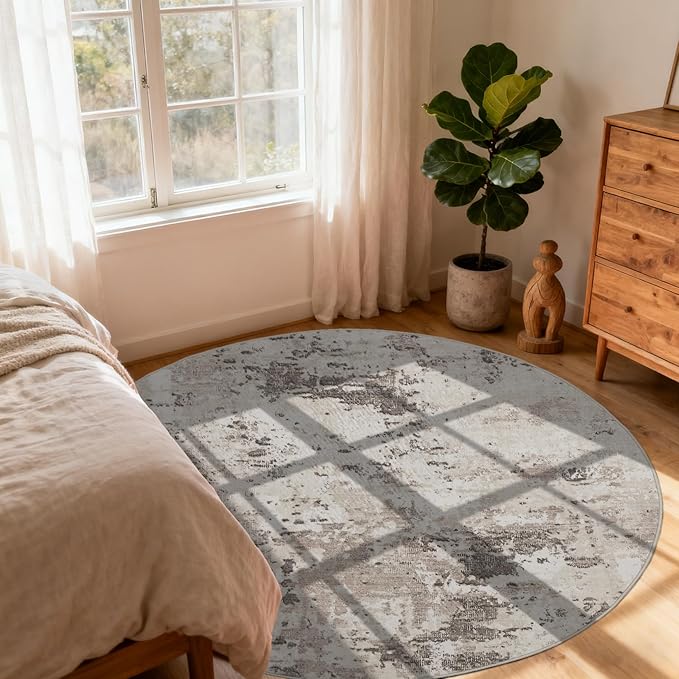 Modern Abstract 4x4 Round Area Rug Non Slip Non Shedding Rug Low Pile Stain Resistant for Bedroom Living Room Office Dining Room,Brown Grey