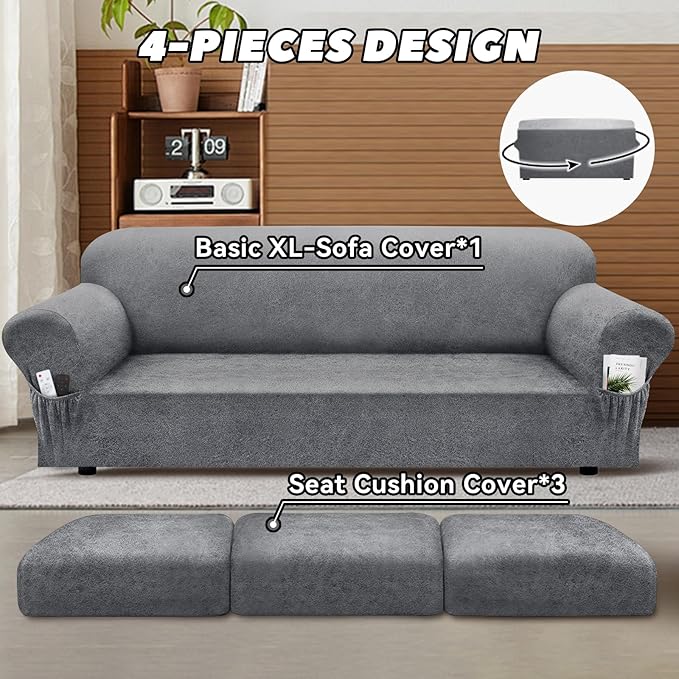 Sofa Slipcover with Armrest Pockets 4-Piece Set, Stretch Faux Leather Extra Large Couch Covers for 3-Cushion Couches(Fits 98-112") - Machine Washable, Pet & Kid Friendly - Light Gray