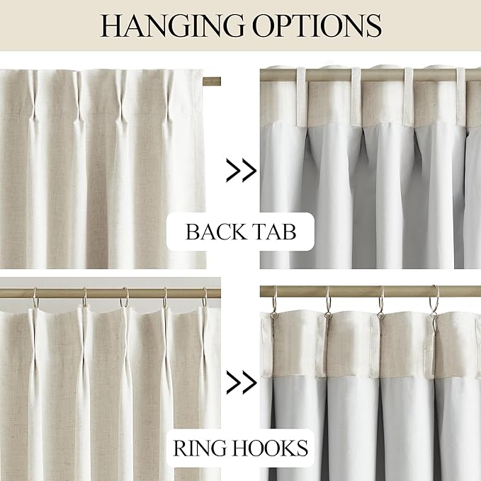 Vision Home Natural Pinch Pleated Full Blackout Curtains Linen Blended Room Darkening Window Curtains 72 inch for Living Room Bedroom Thermal Insulated Pinch Pleat Drapes with Hooks 2 Panel 40"Wx72"L