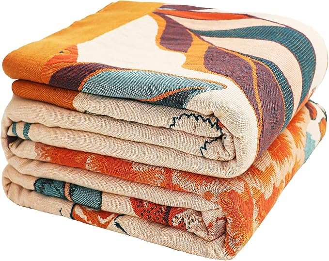 Boho Large Throw Blanket, 100% Organic Cotton Breathable Soft Bed Throw - Floral Bird Farmhouse Decor Blanket for Sofa Couch Chair Quilt and Gift. 91" x 98"- Beige