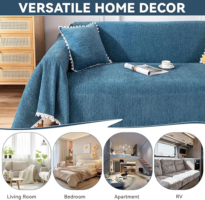 VClife Couch Cover Farmhouse Chic Dark Blue Couch Covers for 2 Cushion Couch Sofa - Washable Chenille Sofa Cover for Living Room Office RV Bedroom (71"X118") Gift for Christmas Thanksgiving Birthday