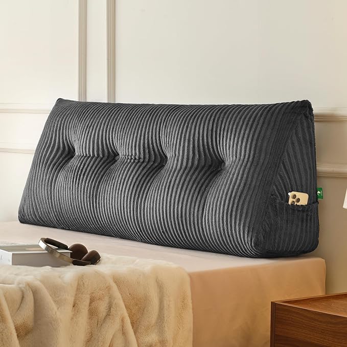 Z-hom Full Headboard Pillow, Triangular Wedge Reading Pillow for Bed or Sofa, Ergonomic Backrest Cushion for Sitting Up, Reading or Relaxing, with Side Pocket，Removable Washable Cover,Grey