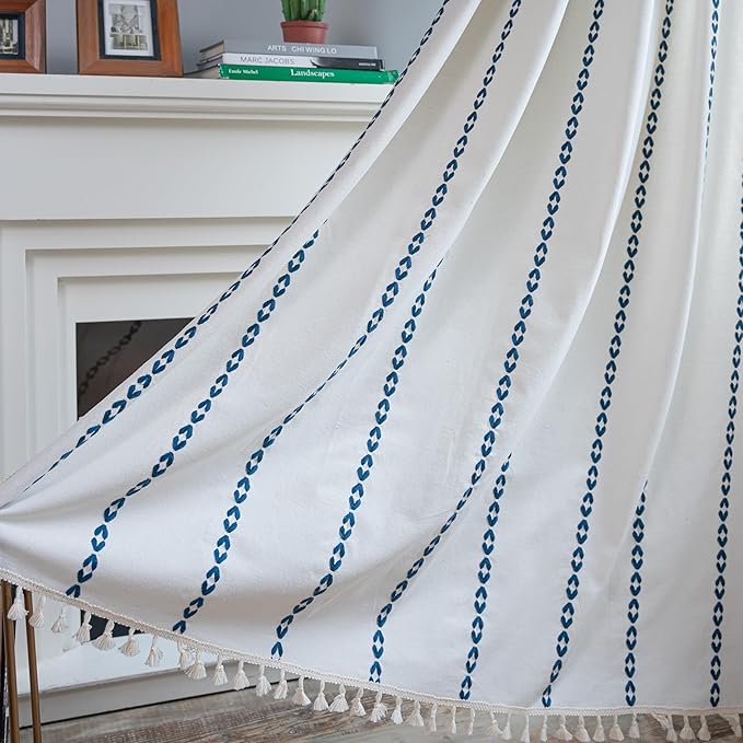Sutuo Home Boho Curtains 90 inches for Bedroom Living Room, Semi Blackout Farmhouse Vintage Tassels Window Treatment Bohemian Embroidery Drape, Rod Pocket 1 Panel 52" W x 90" L, White and Navy Blue