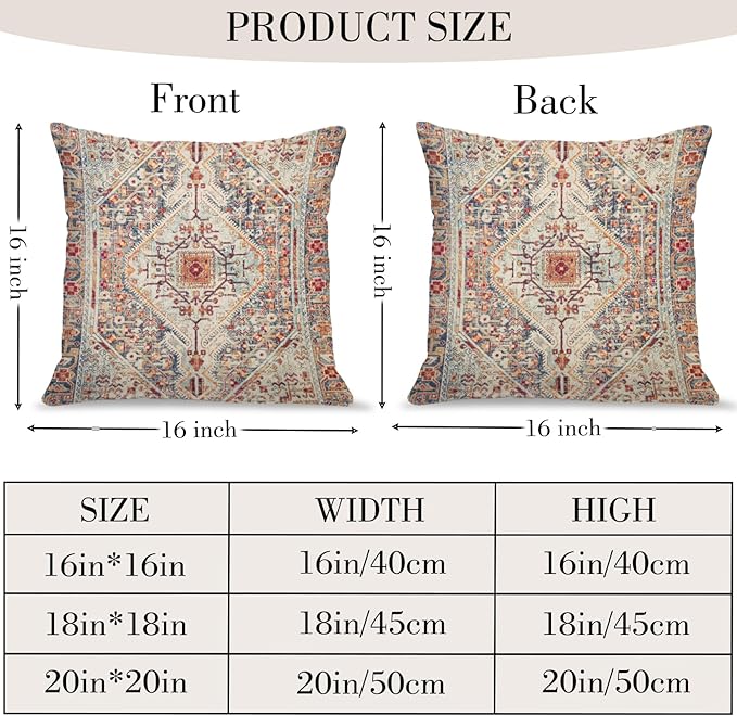 Boho Throw Pillow Covers 16x16 inch Set of 2,Bohemian Vintage Carpet Pattern Antique Ethnic Decor Double Sided Pattern Cushion Cover Soft Pillow Case Living Sofa Room Bed Square Pillow Cover
