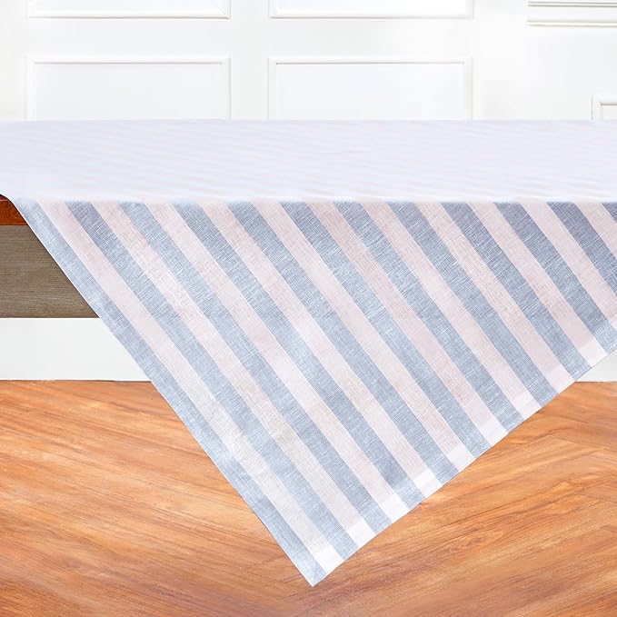Solino Home Linen Square Tablecloth 52 x 52 Inch - Sorrento Stripe, 100% Pure Linen Blue and White Table Throw - Machine Washable Tablecloth