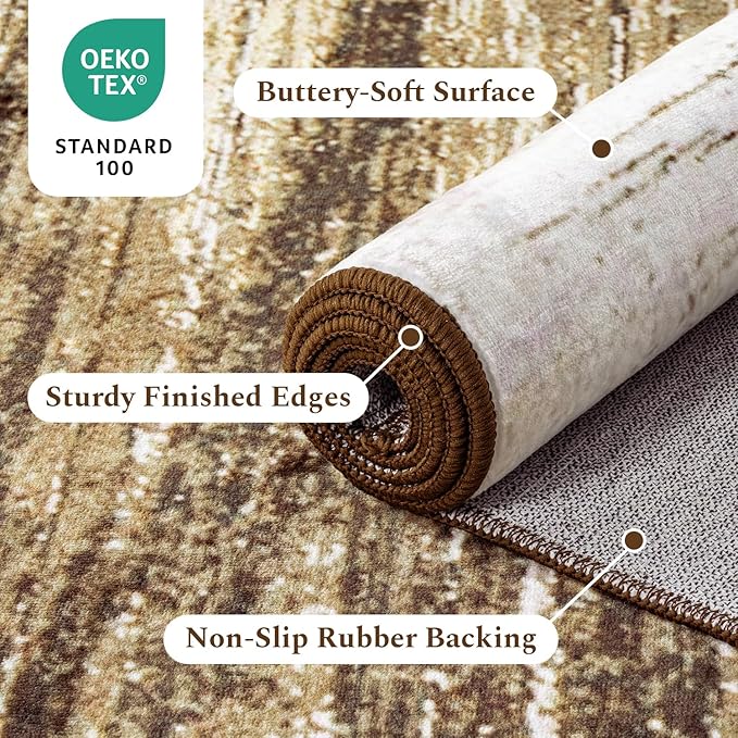 Rugflix 6x9 Area Rug, Washable Rug for Living Room, Non Slip, Soft Low Pile, Modern Abstract Gold Brown Rug for Bedroom, Dining Room, Home Office, Indoor Floor Carpet