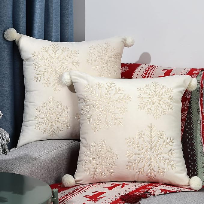 Lewondr Christmas Throw Pillow Covers, Snowflake Embroidery 20x20 Pillowcases Home Xmas Gold Decorative 2 Pack Cushion Covers Soft for Sofa Bed Chair, White&Yellow