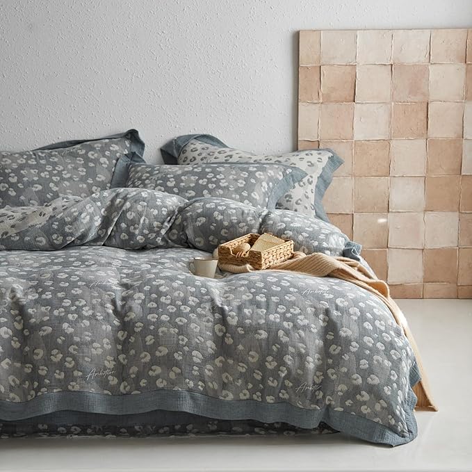 mixinni Leopard Duvet Cover Queen Size, Premium Yarn-Dyed Jacquard Cotton Duvet Cover with Grey Leopard Print, Farmhouse Bedding Set with Edge Design, Perfect for Him and Her-(Queen Size, Grey)