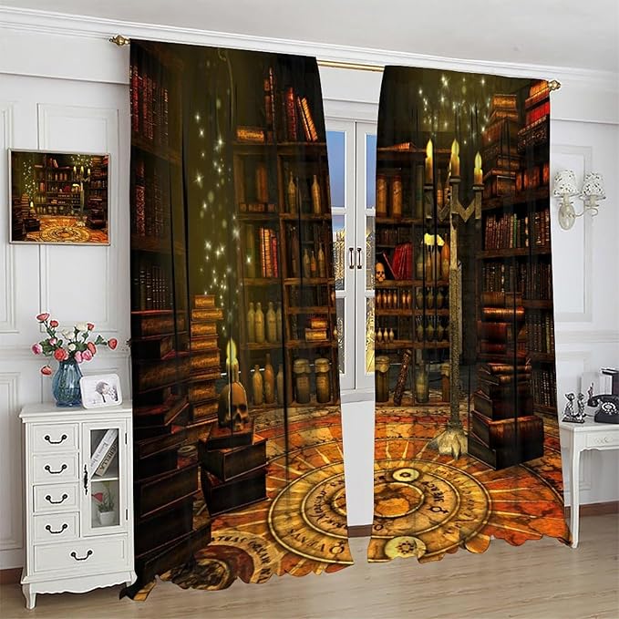 Gothic Mid Century Skeleton Blackout Curtains, Vintage Style Medieval Library Rod Pocket Window Drapes, for Living Room Bedroom 31.5(W)*72(L) 2 Panels