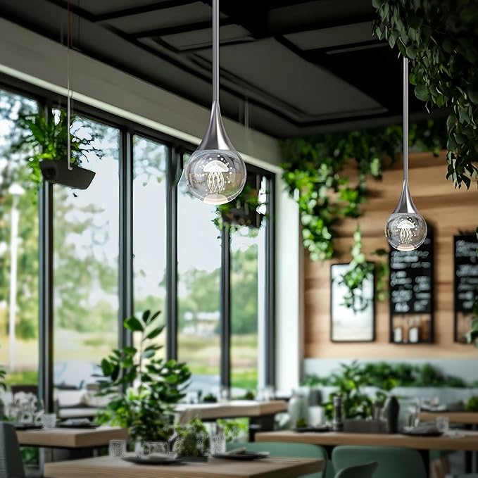 1-Pendant Lights Kitchen Island, Chrome Silver Crystal Globe Ceiling Hanging Light Fxitures, LED Lamp Metal Rod Ceiling Jellyfish Pendant Lighting for Kitchen Dining Room Bar