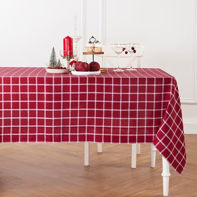 Solino Home Linen Plaid Tablecloth 60 x 90 Inch - 100% Pure Linen Windowpane Red Table Cloth for Rectangle Tables - Machine Washable Tablecloth for Christmas, Xmas