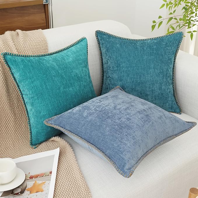 decorUhome Chenille Soft Throw Pillow Covers 24x24 Set of 2, Farmhouse Velvet Neutral Decorative Euro Pillow Covers with Stitched Edge for Couch Sofa Bed Home Decor, Teal