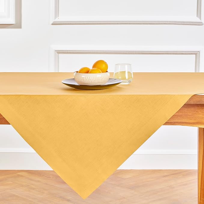 Solino Home Linen Tablecloth 52 x 52 Inch - 100% Pure Linen Mustard Yellow Square Tablecloth - Fete, Machine Washable Table Throw for Thanksgiving