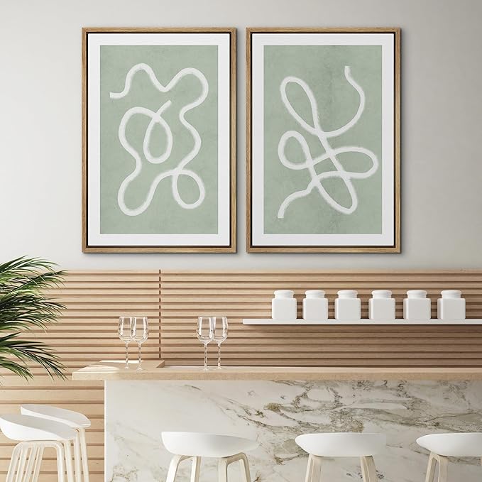 SIGNWIN Framed Wall Art Print Set White Line Over Contrasting Green Background Abstract Swirly Digital Art Modern Art Mid-Century Modern Expressive for Living Room, Bedroom, Office - 24"x36"x2 Panels