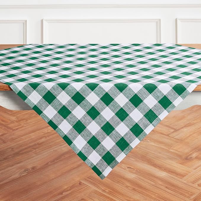 Solino Home Linen Checkered Tablecloth 52 x 52 Inch - 100% Pure Linen Green and White Square Table Cloth - Machine Washable Buffalo Plaid Table Throw