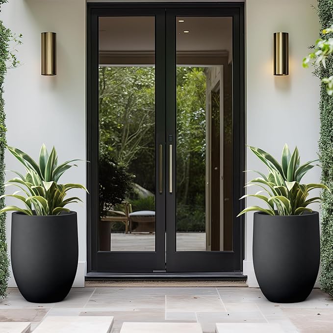 Kante 21.7 Inch Tall Concrete Planter, Large Indoor Outdoor Plant Pot with Drainage, Smooth Black Finish with Warm Brown Interior, Ideal for Porch, Home, Garden, Patio
