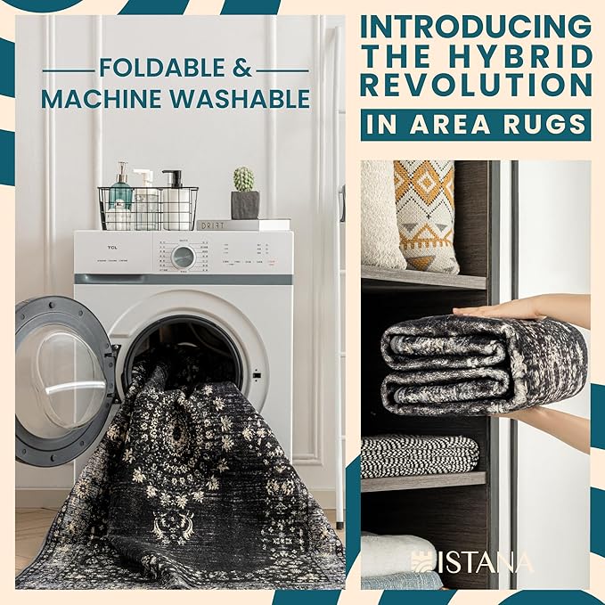 Istana 4x6 Area Rug - Black Rugs for Living Room 4x6 - Foldable Rugs for Bedroom - Stain Resistant Washable Rug - Eco-Friendly Boho Area Rugs - Easy to Clean Living Room Rug 4 x 6