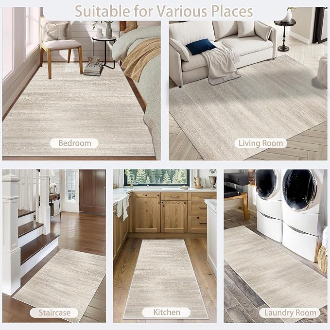 Enkor Runner Rugs for Hallway, 2'7"x13 Washable Soft Non Slip Rugs Abstract for Kitchen, Modern Mat for Entryway Living Room Bedroom Beige & Grey